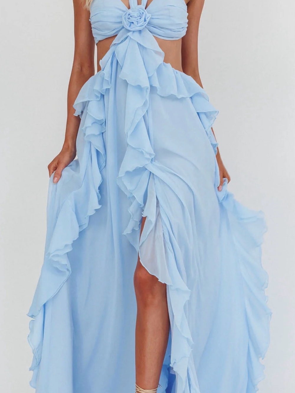 Selfie Leslie NAVY Blue Ruffle Maxi Dress with halter and tie back